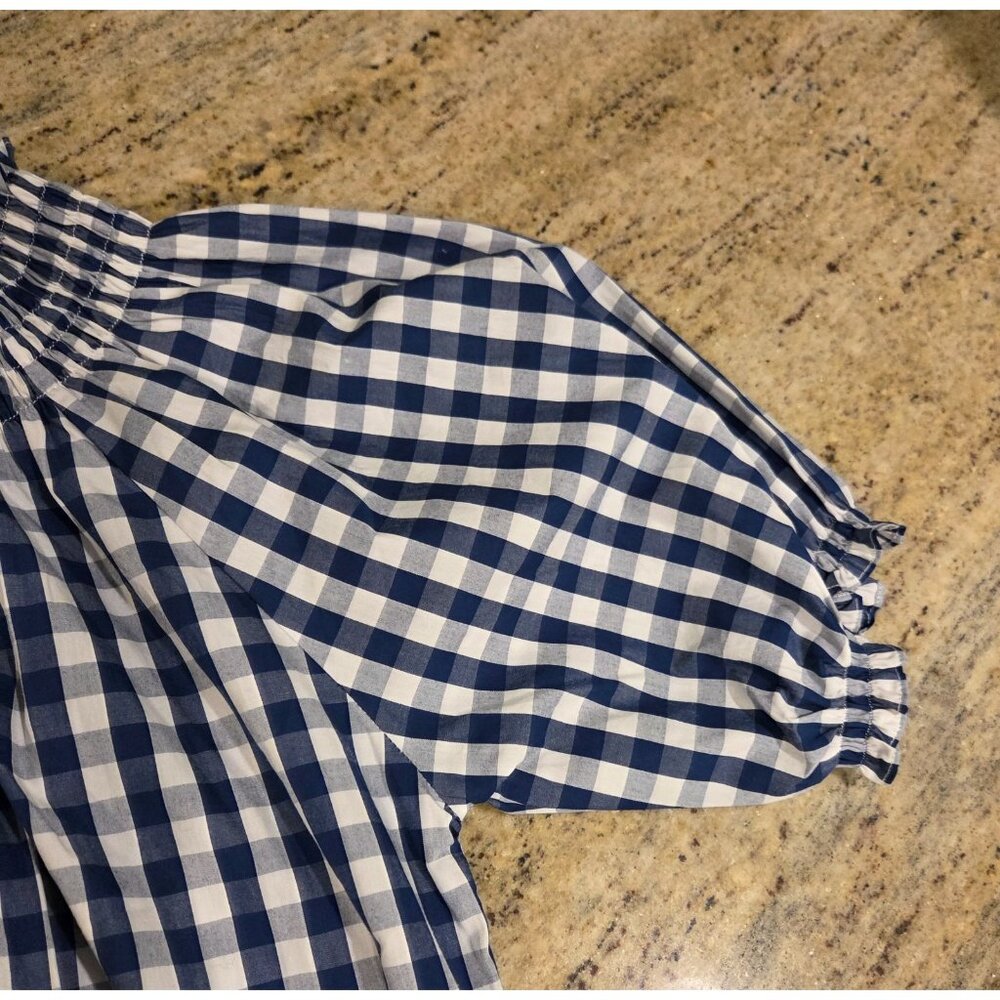 Lake Pajamas Size S Blue Gingham Check Cotton Smocked MIDI Dress Peplum Hem - Picture 11 of 13